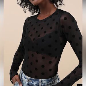 NIA Fox Black Sheer Mesh Polka Dot Long Sleeve Top